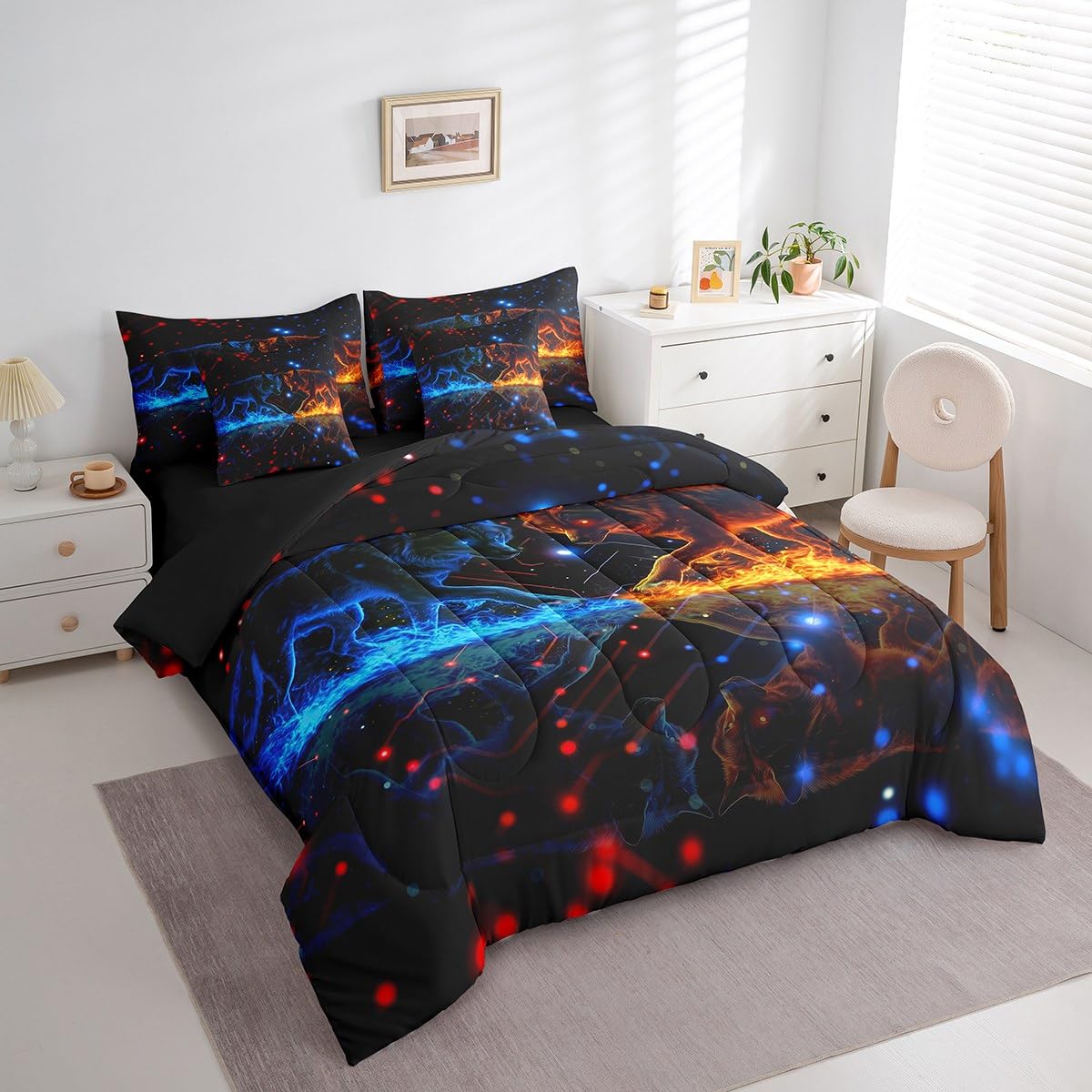 jejeloiu Wolves Howling Bed Set Wild Animal 7 Pieces Bedding Set for Kids Animal Wolves Bed in a Bag with Comforter, Sheets, Pillowcases Ultra Soft Dot All Season Breathable Lightweight Twin Size
