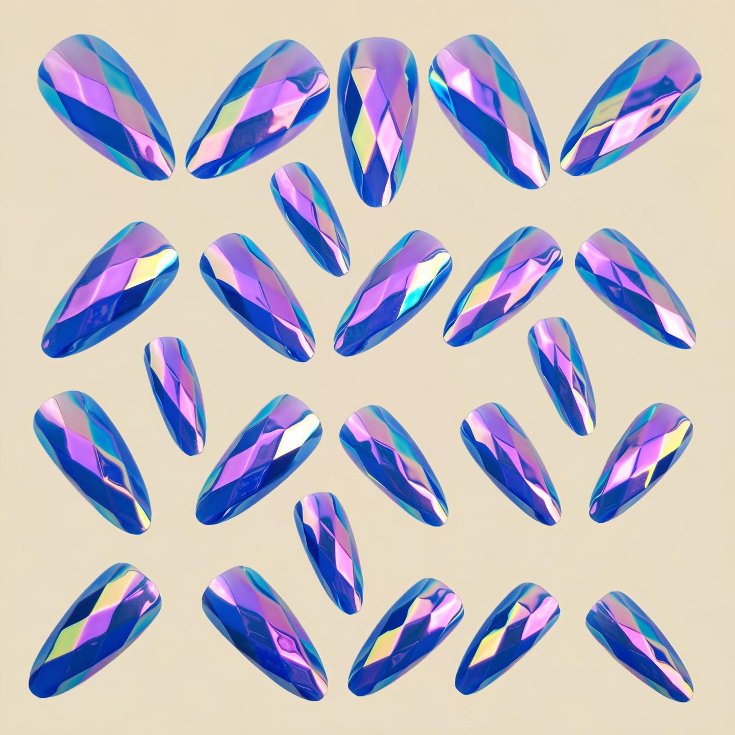 RUOKEXIN Almond Press on Nails Medium Length Fake Nails Purple Chrome False Nails with 3D Rhombus Designs Full Cover Nail Press ons Sparkly Artificial Nails for Women 24Pcs