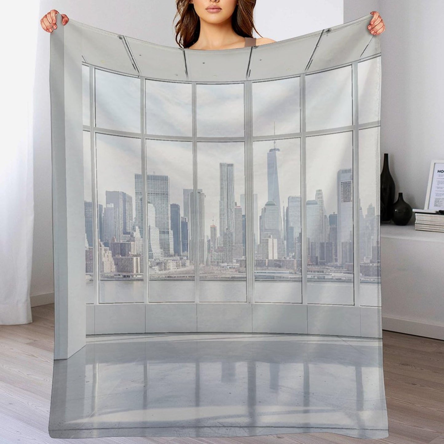 TOWINSFB Window View Cityscape Flannel Throw Blanket, Soft Lightweight Cozy Warm Funny Modern City Building Blanket for Couch Bed Travel- 30"x40"