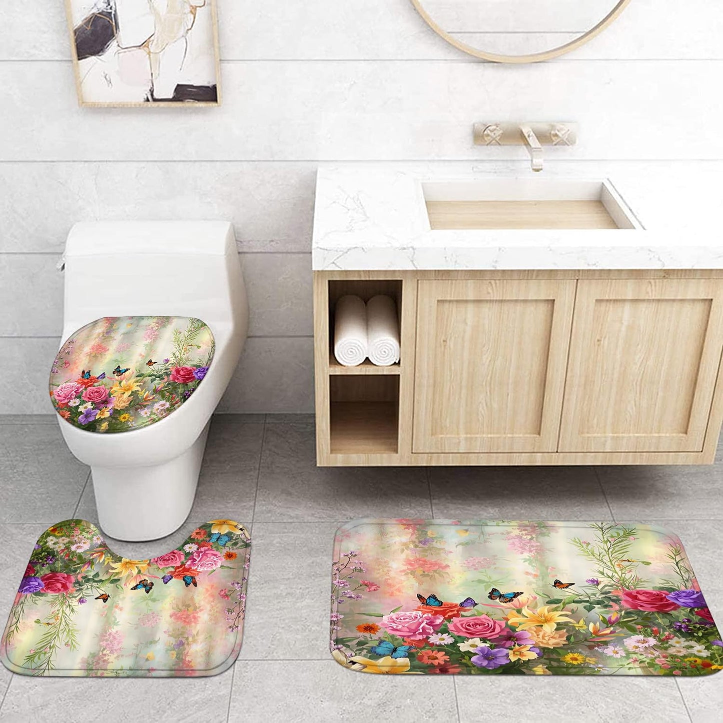 DDQQ 4-Piece Butterfly Floral Shower Curtain Set Botanical Aesthetic Flower Bathroom Set with Shower Curtain and Rugs, Cute Fun Decorative Bath Curtain with Hooks for Home Decor