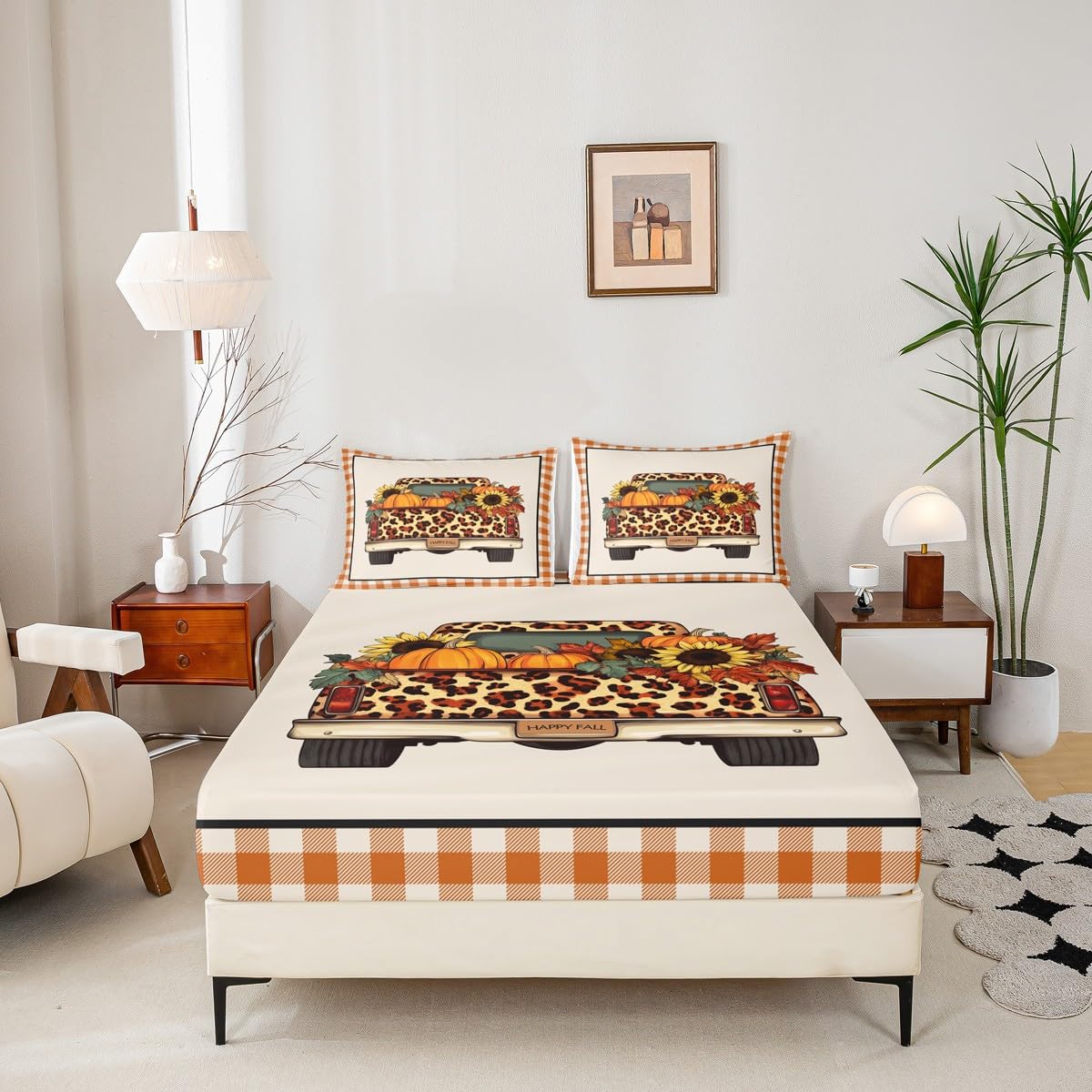 Fall Pumpkin Truck Bed Sheets Queen Orange Rustic Farmhouse Buffalo Plaid Sheet Set Thanksgiving Harvest Bedding Set,Autumn Sunflower Maple Leaves Decor Fitted Sheet + Flat Sheet + 2 Pillow Cases