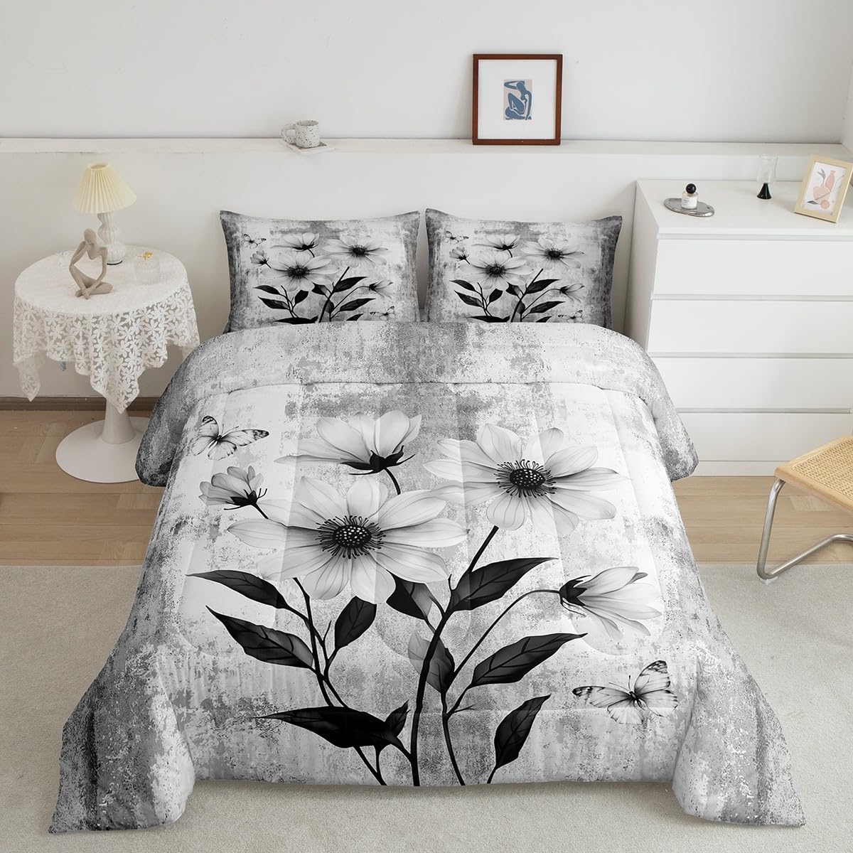 Erosebridal Watercolor Flowers Queen Comforter Set Abstract Oil Painting Daisy Bedding Set Rustic Farmhouse Bed Set Ombre Grey White Quilt Set