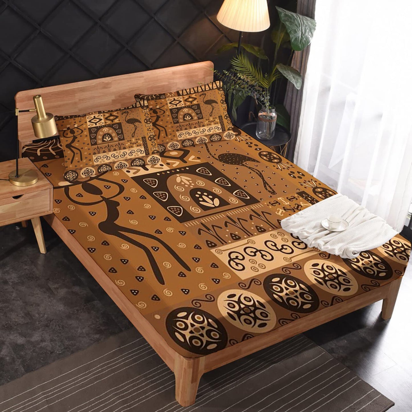 NOGAWA Aztec Tribe Sheets Queen Size, Nationality Bed Sheets, Patterned Bedding Sheets & Pillowcases 4 Piece Set - Soft Microfiber Deep Pocket Fitted Sheet & Flat Sheet & 2 Pillow Cases