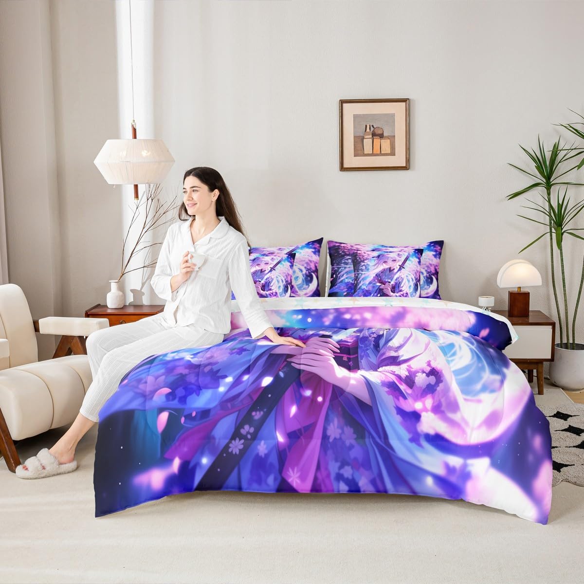 Erosebridal 7 Piece Anime Girl Full Comforter Sets for Kids, Kawaii Japanese Anime Bedding Set Cartoon Girl Bed in A Bag Sci Fi Style Japanese Animation Sheet Set for Kids Girls Teens Bedroom