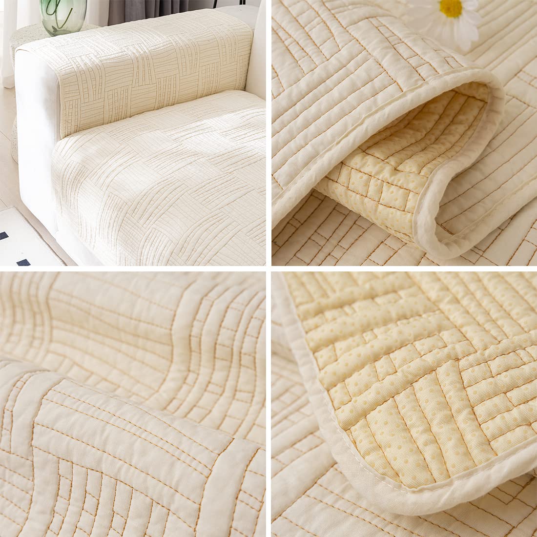 XSlive Farmhouse Couch Cover Solid Color Neutral Sofa Cover Soft Cotton Quilted Sectional Couch Covers Non Slip Washable Sofa Slipcover Furniture Protector for Living Room (Ivory B,28"x28")