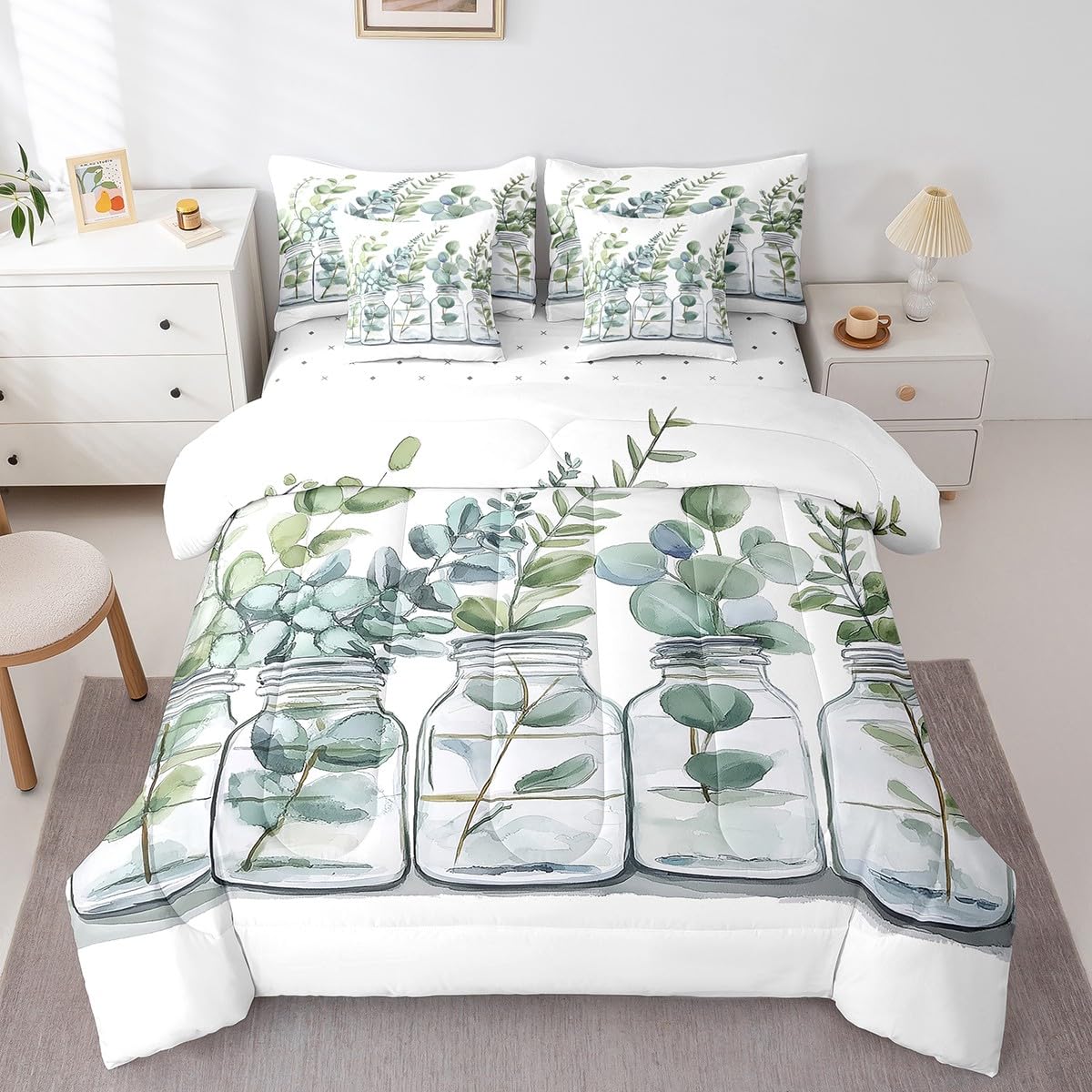 Erosebridal Spring Green Leaves Comforter Set Full Size,Botanical Leaves Bedding Set for Kids Teens,Eucalyptus Leaf (Comforter+Fitted+Flat Sheet+2 Pillowcases+2 Throw Pillow Covers) 7 Pieces Bed Set