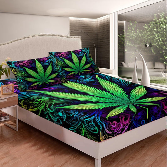 Feelyou Marijuana Weed Leaf Bed Sheet Set Set,Cannabis Fitted Sheets Bedding Set with Pillow Shams Cannabis Vibrant Green Colorful Printed Bed Sheet Set Soft Bed Cover Room Decor 2Pcs Twin Size