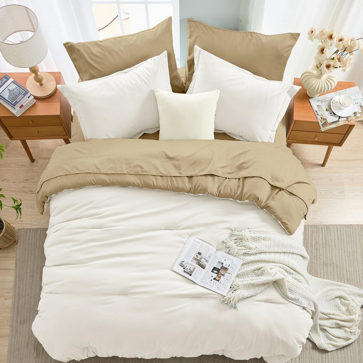 MUXHOMO 7 Pieces King Comforter Set, Soft Bed in a Bag King Size, All Season Bedding Set with Comforter, Flat Sheet, Fitted Sheet, Pillowcases & Shams, Ivory & Khaki