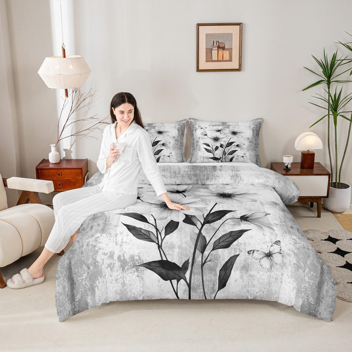 Erosebridal Watercolor Flowers Queen Comforter Set Abstract Oil Painting Daisy Bedding Set Rustic Farmhouse Bed Set Ombre Grey White Quilt Set