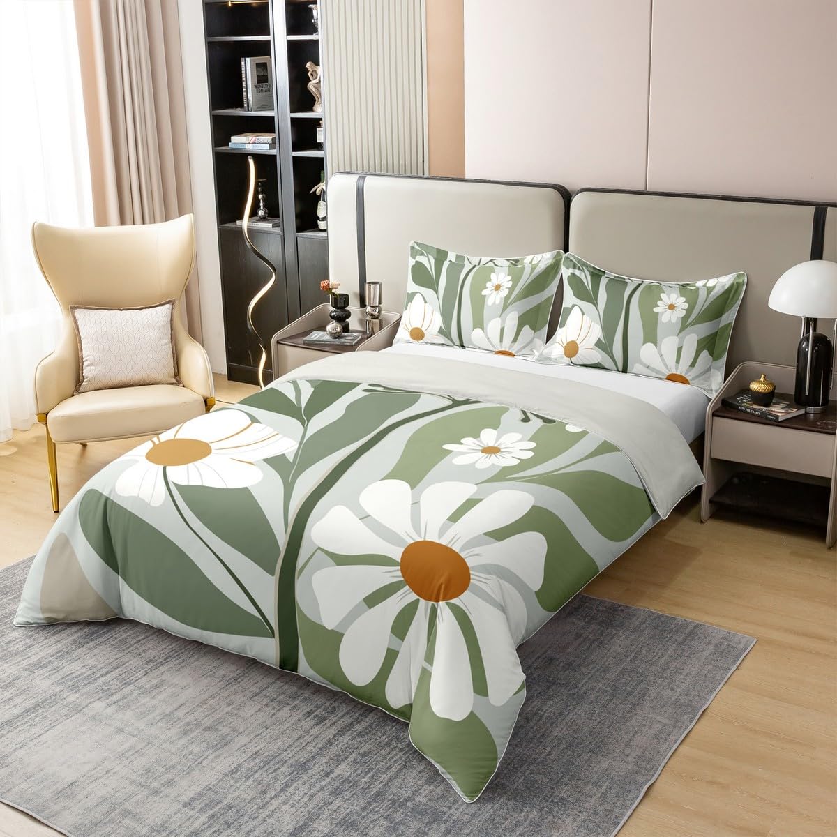 Erosebridal Abstract Boho Floral Full Bedding Set, Retro Green Sage 100% Cotton Duvet Cover, Modern Geometric Botanical Bedclothes for Adults Kids Teens Men, Boho Mid Century Comforter Cover