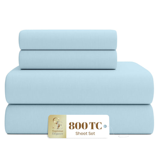 Supreme Elegance 800 Thread Count King Size Sheets Set (4 Piece) - Sky Blue - Smooth Cotton Rich Sateen Bed Sheets - Super Soft, Wrinkle Resistant, Durable Hotel Bedding - 16" Deep Pocket Fitted Sheet