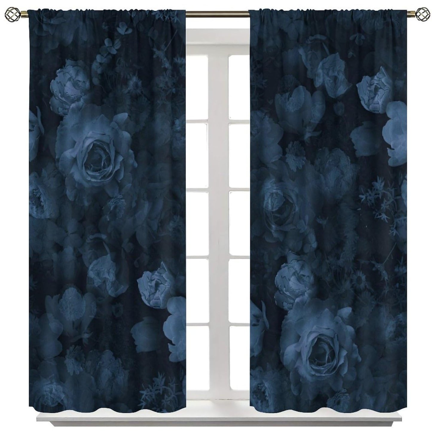 Nsbul Blue Floral Curtains, Moody Flower Rose Romantic Valentine Decor Rod Pocket Window Drapes for Girls Women Bedroom Living Room,42" W X 45" L (No Blackout)