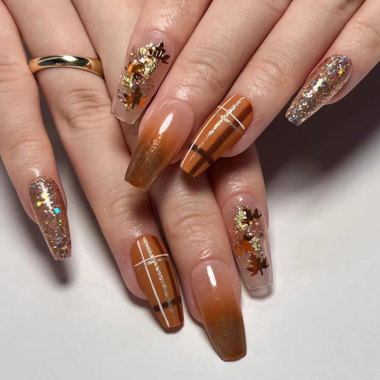 MISUD Press on Nails - Long Coffin Fake Nails with Fall Maple, Acrylic Autumn Design 24 pcs