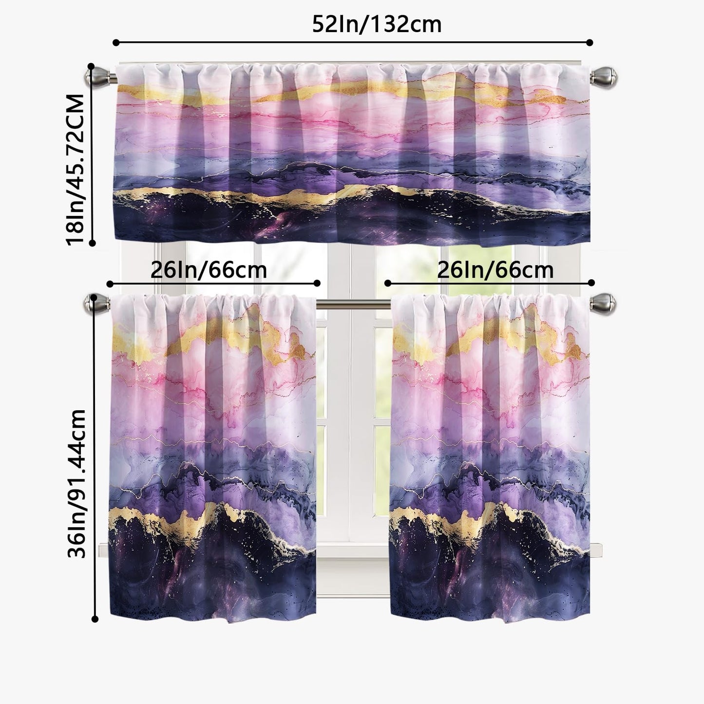 KINUUIS Pink Gold Marble Blackout Kitchen Window Tier Curtains and Valance Set, 52 x 36 Inch Abstract Art Window Curtains Set with Rod Pocket for Small Windows, Living Room,Bathroom