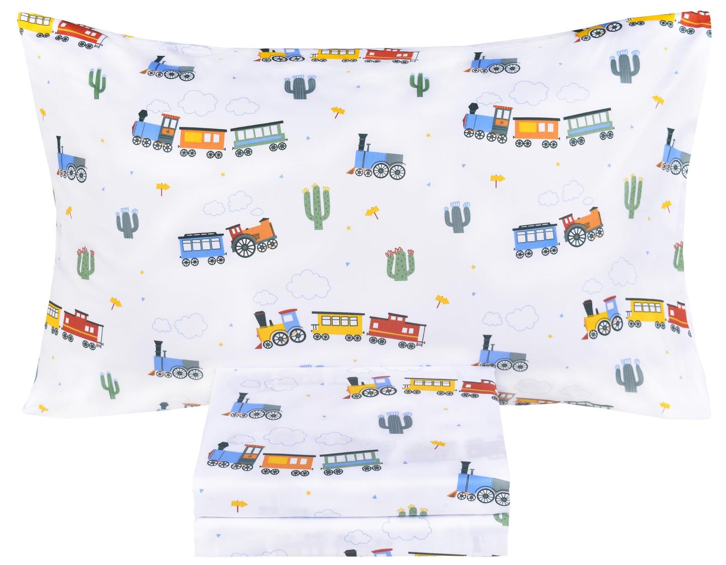 Scientific Sleep Little Train Cactus Cute Fun 100% Cotton Cozy Twin Bed Sheet Set, Flat Sheet & Fitted Sheet & Pillowcase Kids Boys Bedding Set (Trains, Twin)