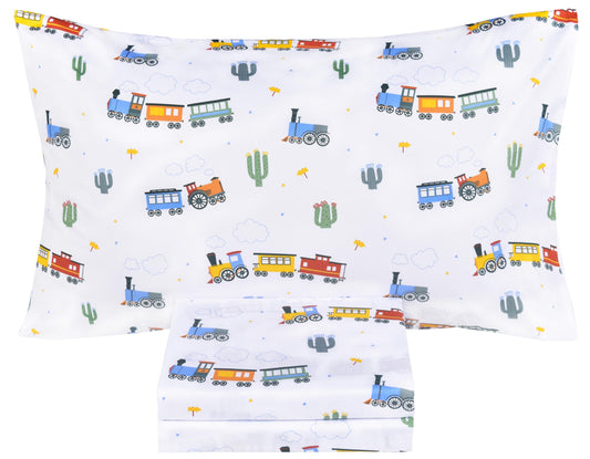 Scientific Sleep Little Train Cactus Cute Fun 100% Cotton Cozy Twin Bed Sheet Set, Flat Sheet & Fitted Sheet & Pillowcase Kids Boys Bedding Set (Trains, Twin)
