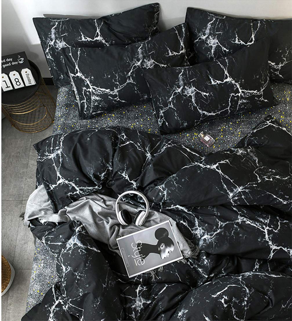 Luxlovery Black Marble Comforter Set Queen Black Marble Bed Set Full Cotton Comforter Cozy Beathable Soft Black and White Marble Quilts Blanket Modern Comforter Set