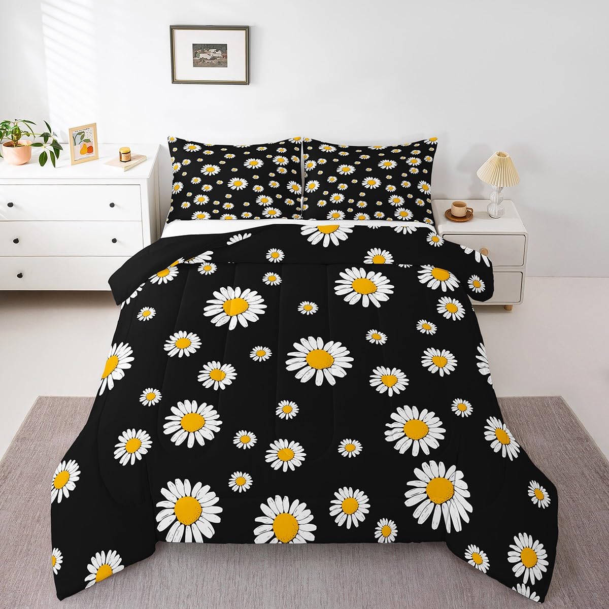 Erosebridal Daisy Comforter Sets Twin Size for Kids Girls Teens Women White Flower Down Comforter Rustic Floral Bedding Set Pastoral Country Style Duvet Sets with 1 Pillow Case Black