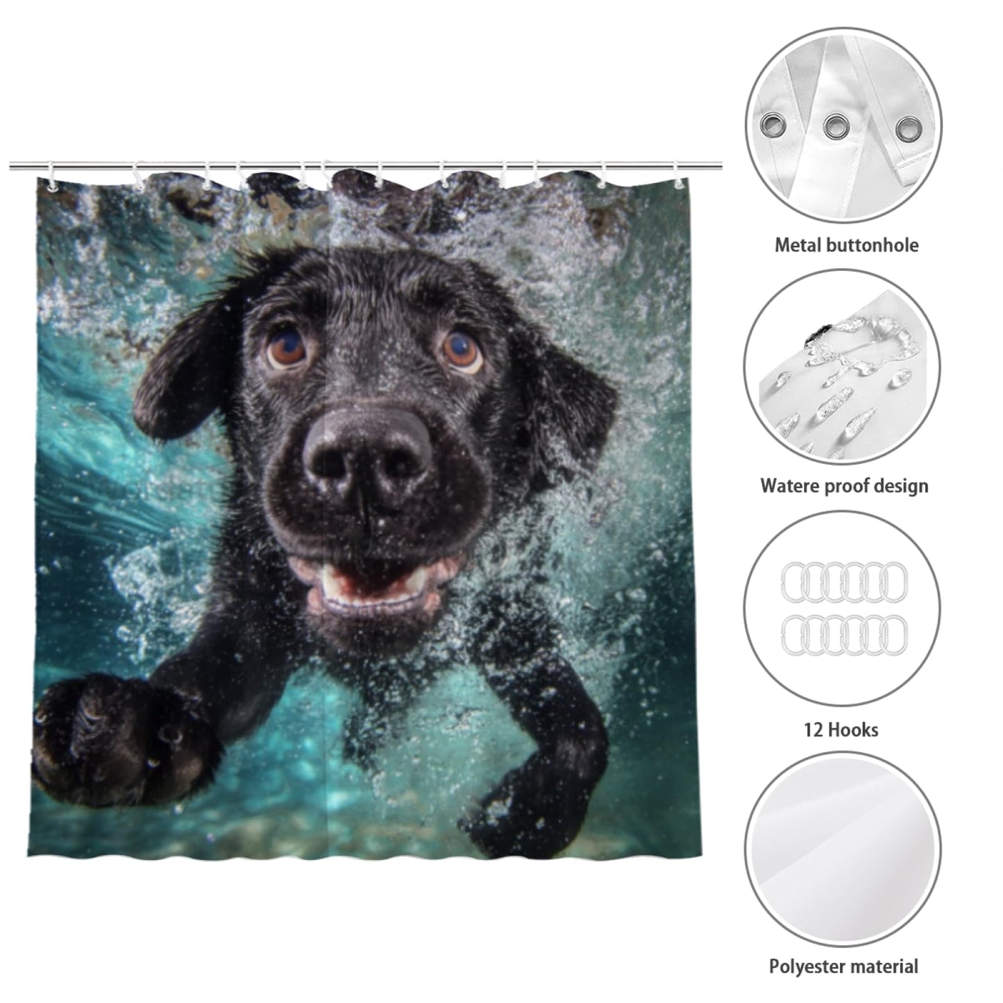 Wordatu Shower Curtains Swimming Black Labrador Dog Cute Animal Pet in Blue Water Ocean Pool Fabric Polyester, Bathroom Curtains with 12 Hooks 72x72 Inch