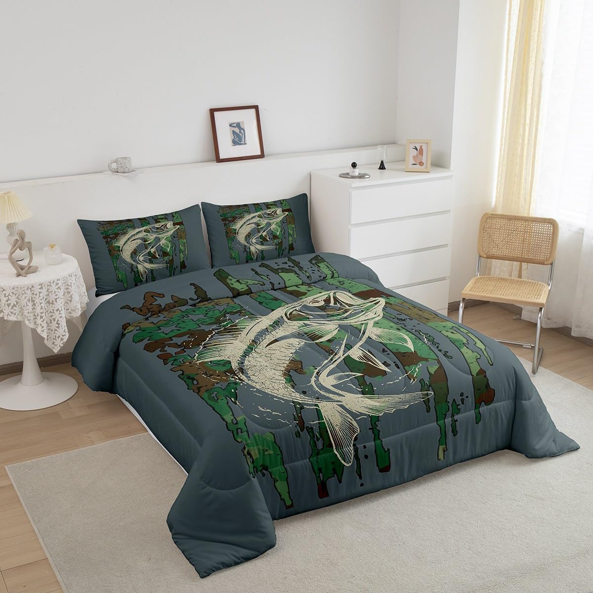 Feelyou Bass Fish Comforter Set Twin Size Green Camouflage Bedding Set for Fishing Lover Gifts Boys Girls Camo Pike Fish Fishing Comforter Wild Fisherman Bed Set Rustic Cabin Bedroom Decor
