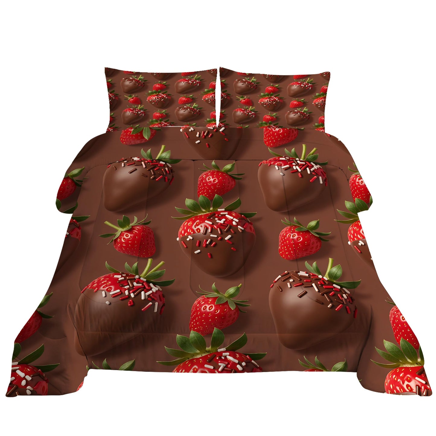 VTKON Chocolate Strawberry Comforter Set Queen for Kids Girls Sweet Dessert Print Bedding Set 3 Pcs with 1 Comforter and 2 Pillowcases Brown Bed Set Bedroom Decor