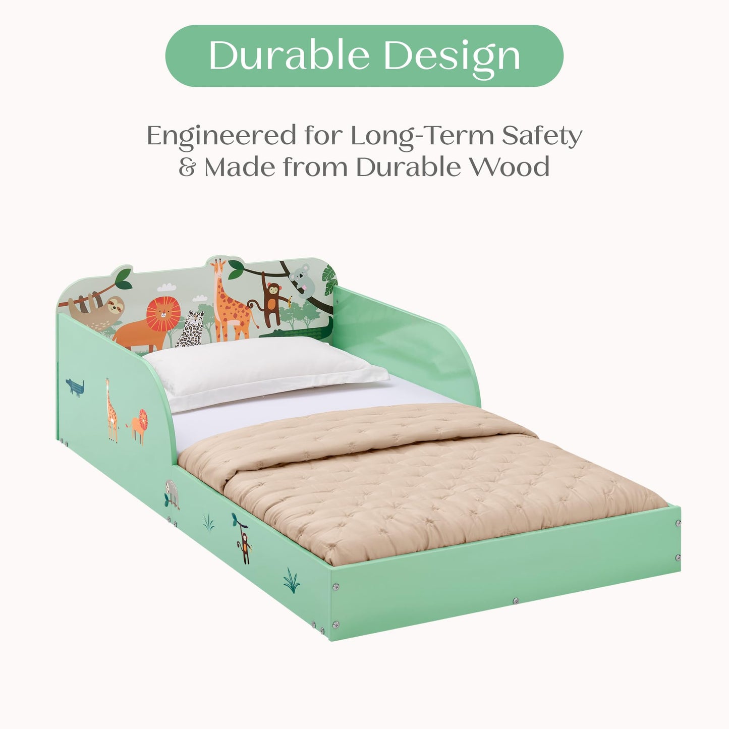 Delta Children Safari Wood Floor Toddler Bed with Reusable Stickers, Green