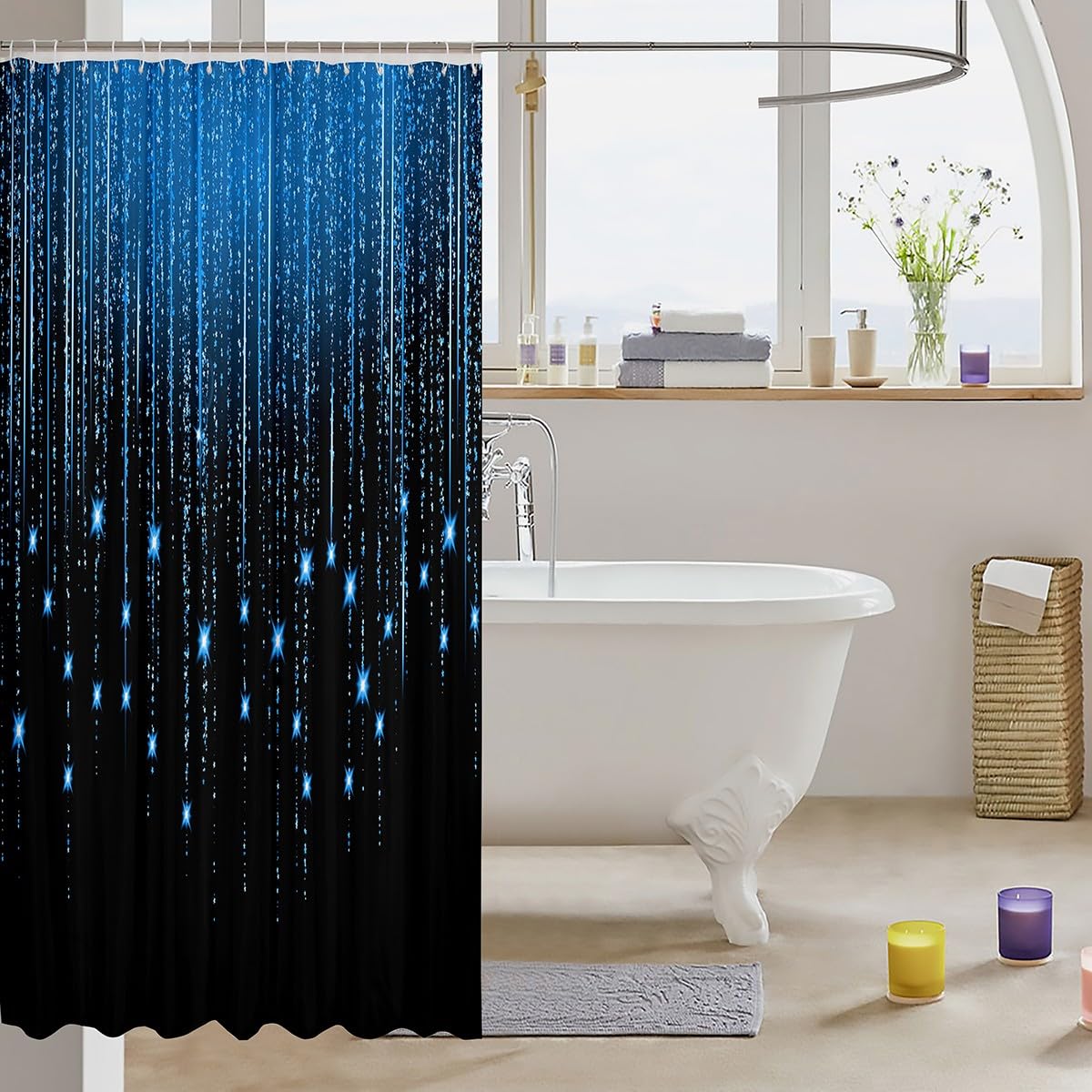 Feelyou Abstract Ombre Shower Curtain Blue Black Teens Bathroom Waterproof Accessories with 12 Hooks for Boys Girls Women Kids Modern Geometric Curtains Glitter Galaxy Stars Decor,72x72 Inches