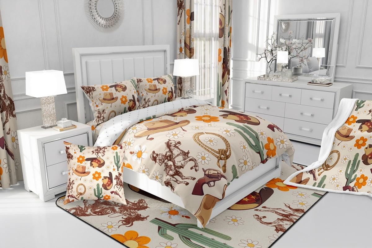 Feelyou Western Comforter Set All Season Cowgirl Floral Bedding Set with 2 Pillow Cases Western Cowboy Boots Kids Full Bedclothes Wild West Cactus Flower Bedroom Decor Pale Beige Duvet Quilt Soft