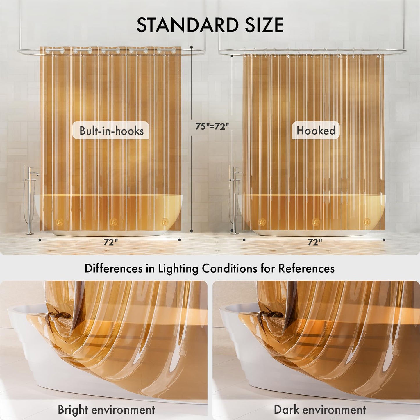 AmazerBath No Hook Shower Curtain and Liner 3-in-1, 8G Luxury Heavy Duty Clear Orange No Hook Shower Curtain Liner, 72x75 Cute EVA Bathroom Weighted Plastic Shower Curtain with 3 Heavyweight Stones