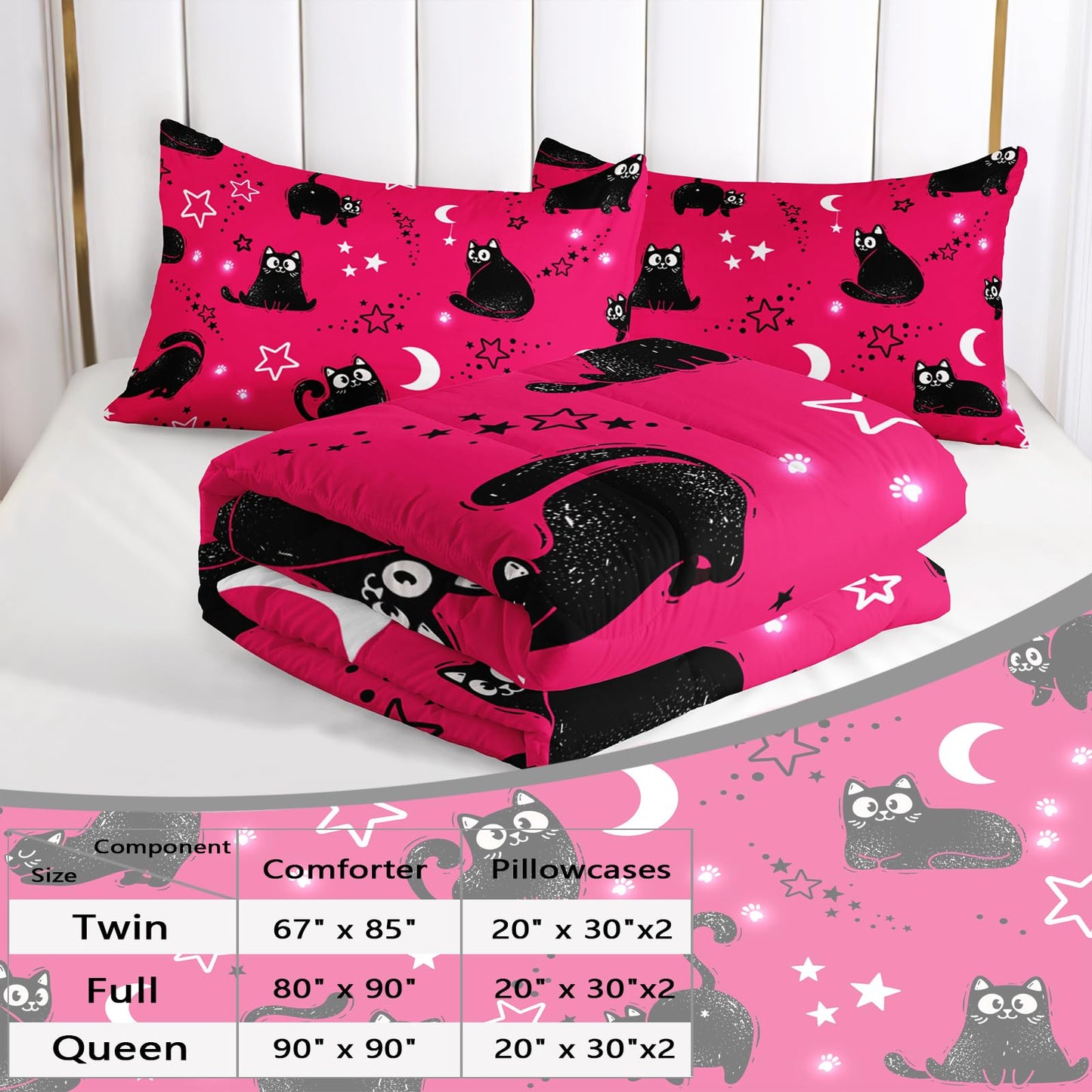 AILONEN Kids Kawaii Black Cat Comforter Set Twin,Cartoon Stars & Moon Bedding Set for Girls,Cute Kitten Printed Pink Duvet with 2 Pillowcases,3-Piece