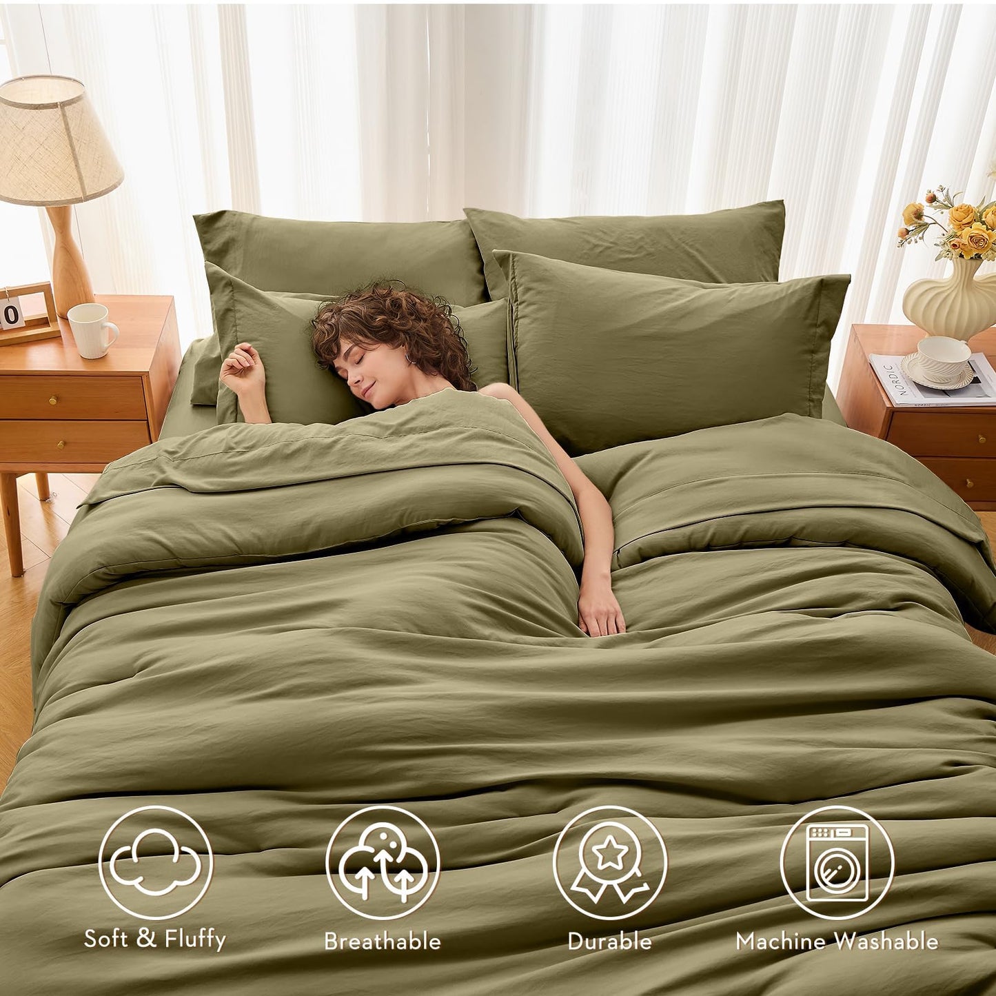 MUXHOMO 7 Pieces King Comforter Set, Soft Bed in a Bag King Size, All Season Bedding Set with Comforter, Flat Sheet, Fitted Sheet, Pillowcases & Shams, Olive Green