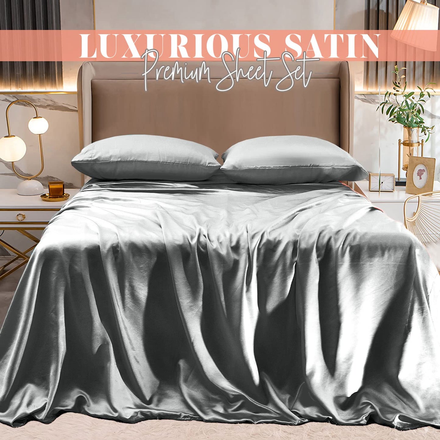 Elegant Comfort Luxurious 4-Piece Silky Satin Sheet Set, Skin and Hair Friendly, Wrinkle, Fade, Stain Resistant with Deep Pockets Fitted Sheet, Cooling Soft Satin Sheet Set, Twin XL, Gray