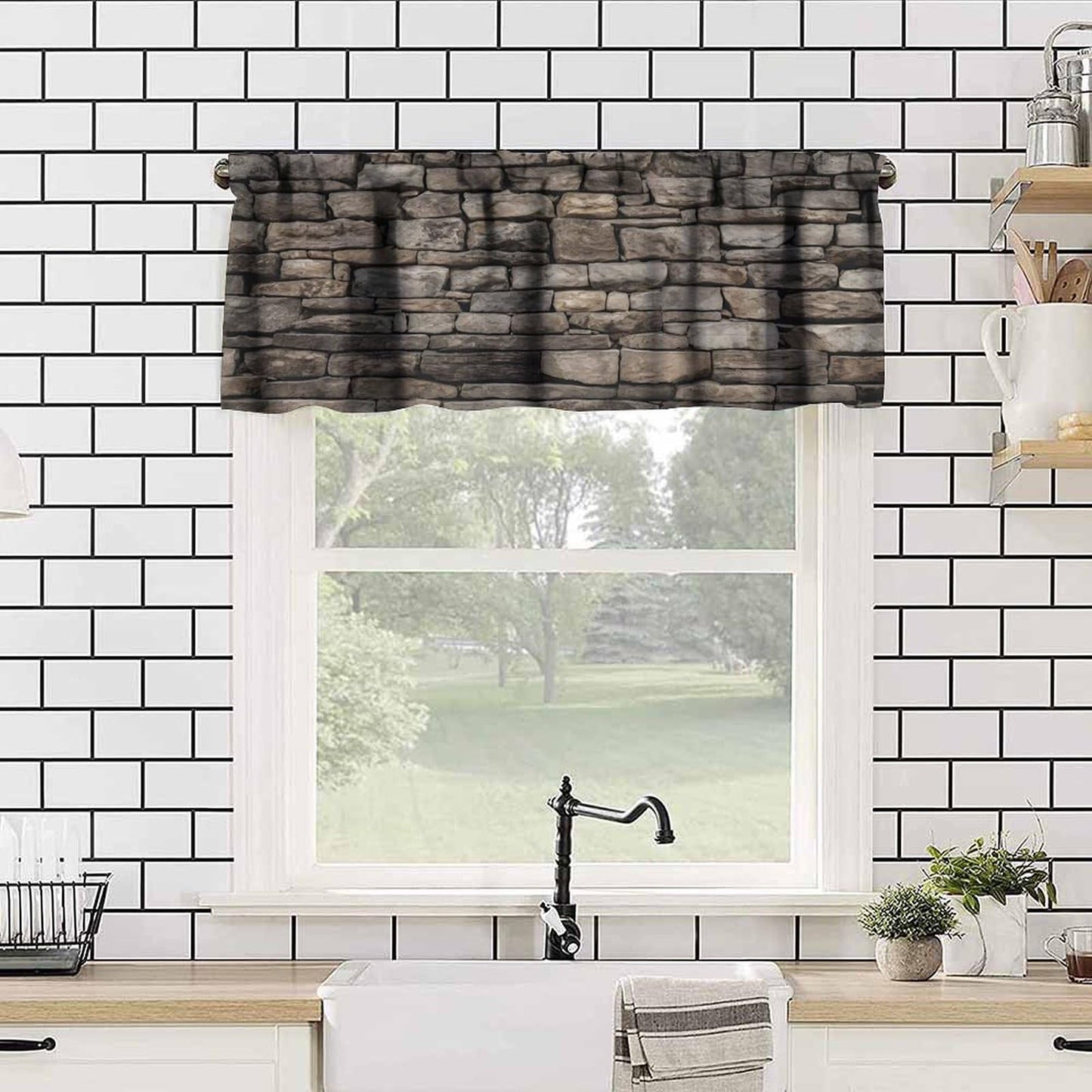 LOMADIA Retro Stone Brick Wall Kitchen Valance Curtain,Rocks Stone Wall Nature Scenery Rod Pocket Drapes Treatments Window Curtains for Living Room Office Cafe Bedroom Decor 54" W x 18" L (Pack of 1)