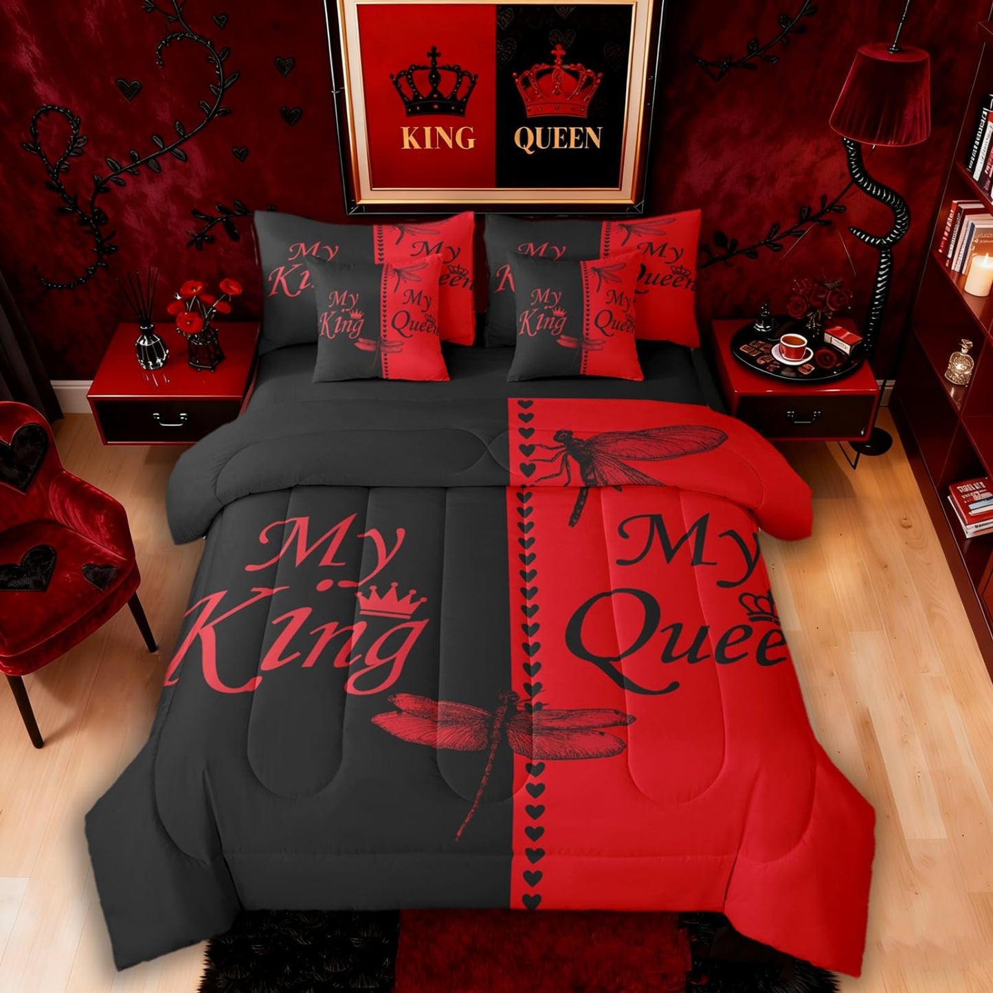 Dragonfly Bed in a Bag Queen Comforter Set 7 Piece | King and Queen Bedding Sets Couples Gifts for Men Women Comforter and Sheet Set, Aesthetic Red and Black Bed Sets,Valentines Day Decorations