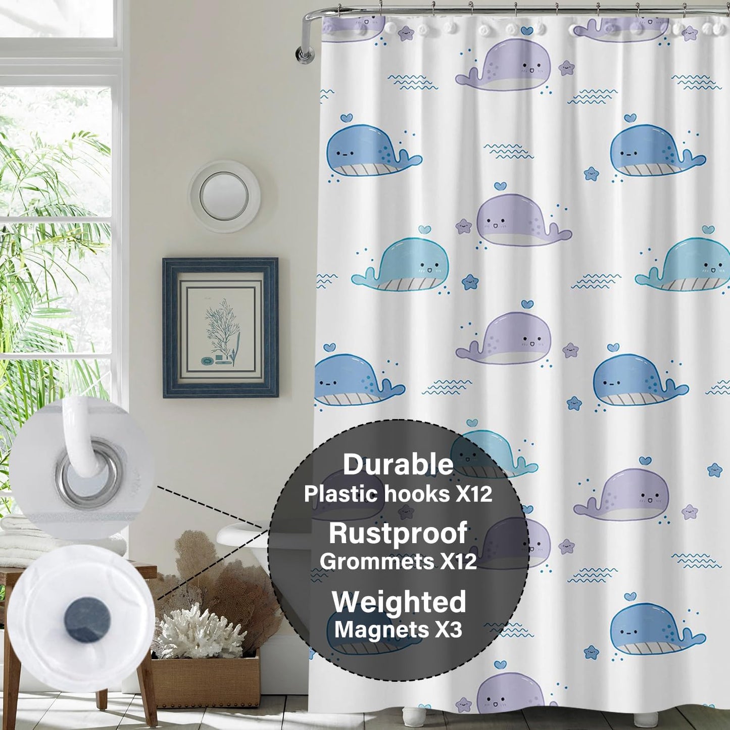 Plastic Shower Liner - Premium EVA 5G Shower Curtain Liner with Rustproof Grommets and 3 Weighted Magnets, Waterproof Shower Curtains for Bathroom (Baby Whale, 72" x 72")