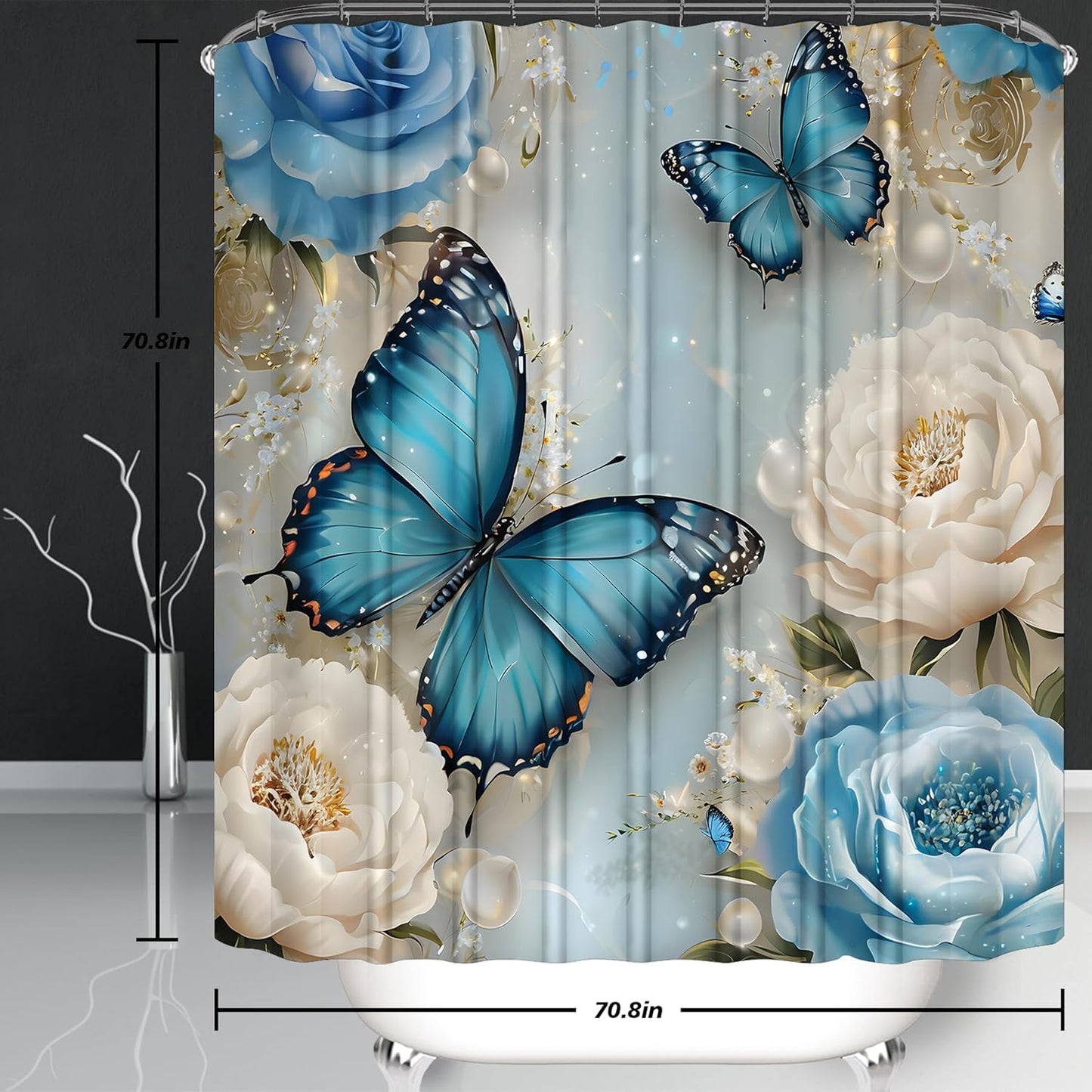 Chrainy 4pcs Shower Curtain Set for Bathroom and Toilet Blue Floral Butterfly Bathroom Decor Sets with Shower Curtain and Accessories Bath Mat,U Shape and Toilet Lid Cover Bathroom Set