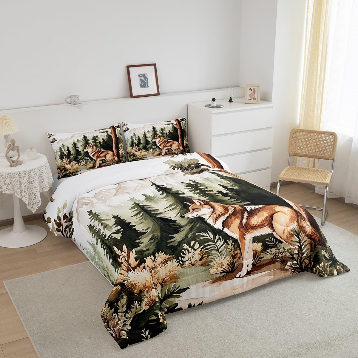 Wolf Bedding Set Full Size,Pine Tree Wild Animal Comforter Set for Kids Girls Boys Adults Room Decor,Jungle Woodland Botanical Duvet Insert 3Pcs,Wildlife Plant Microfiber Quilt Set,2 Pillowcases
