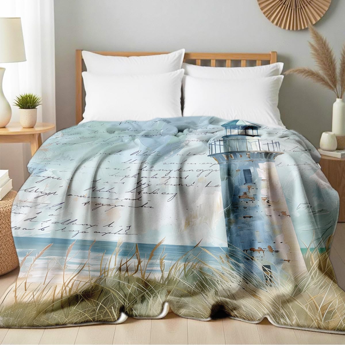 HUNXIAOJ Lighthouse Print Throw Blanket Coastal Flannel Blanket for Couch Bed Nautical Lighthouse Throw Soft Bedding Beach Bedroom Decor Gifts (49"x59")