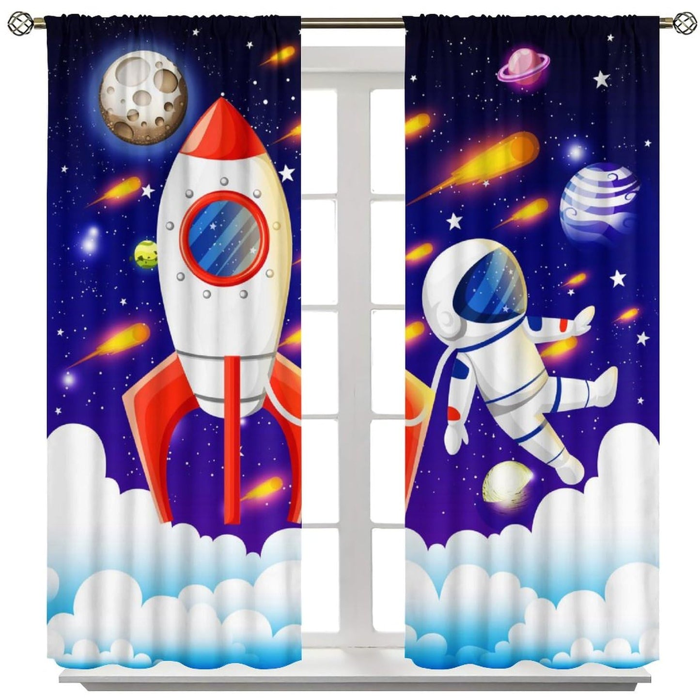 Astronaut Rocket Blackout Curtain for Kids,Cartoon Space Fantasy Universe Solar System Meteorite Planet Earth Galaxy Stars Window Drapes Print for Boys Baby Nursery Bedroom Living Room 63x72inch