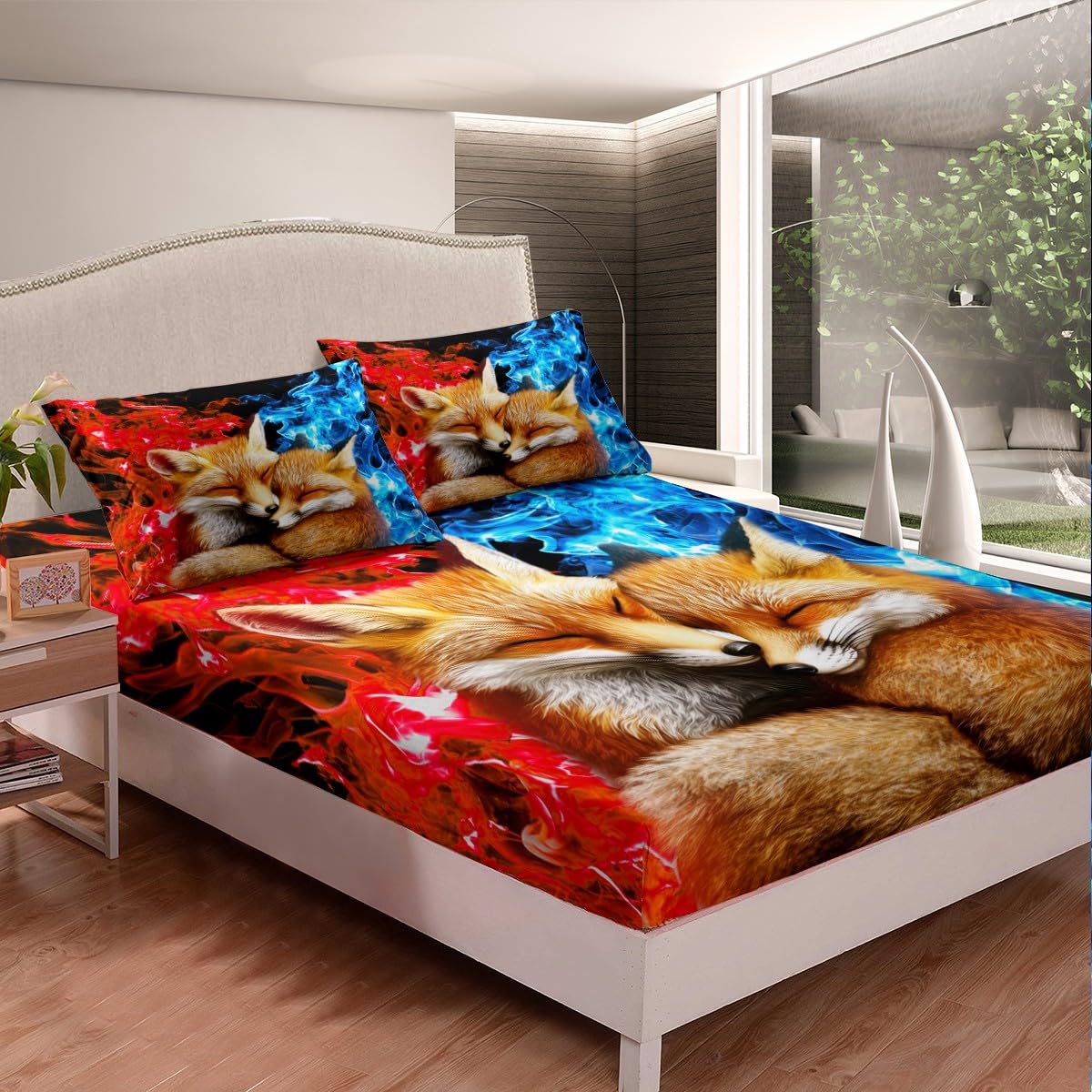 Erosebridal Cute Fox Flat Fitted Sheet Wild Animals Bed Set for Boys,Abstract Art Smoking Bed Sheets Set, Red Blue Bedding Sets Full for Kids Children Home Decor, with 2 Pillow Cases
