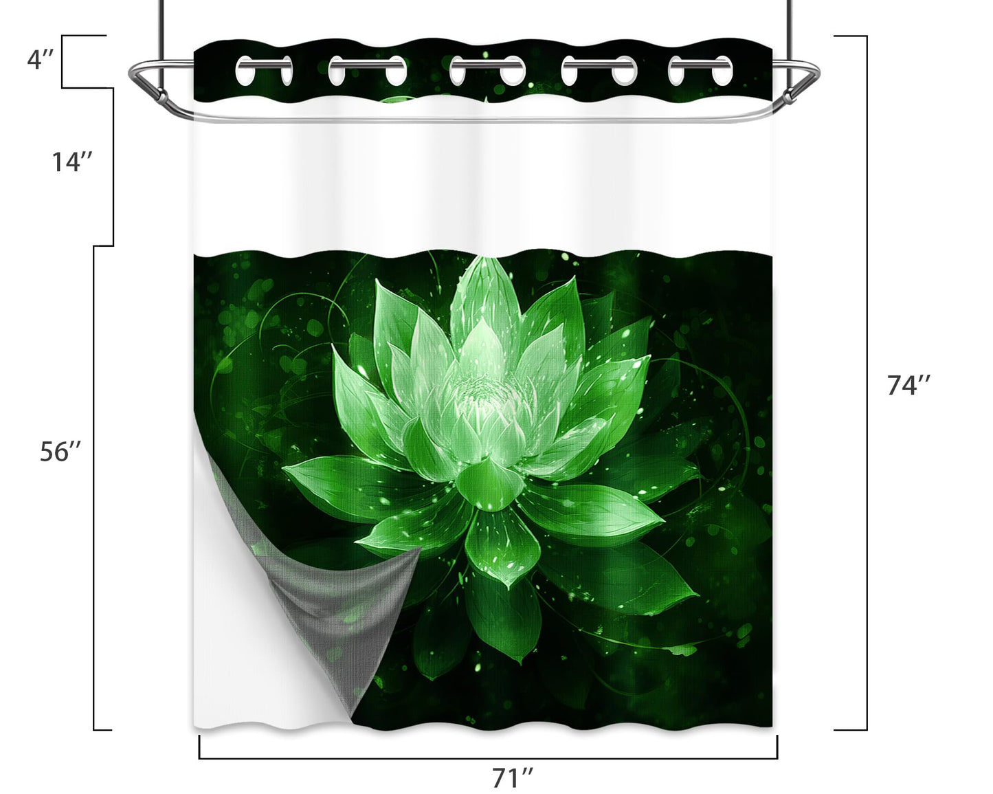 Lotus Hookless Shower Curtain with Liner, Black and Green Floral, 71"x74"