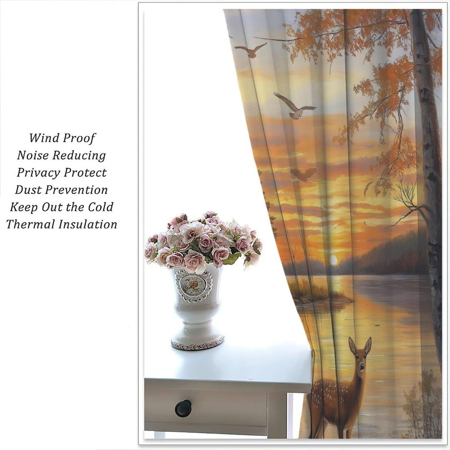 LOMADIA Wildlife Deer Blackout Curtains, Rustic Forest Sunset Lake Farmhouse Animal River Elk Pattern Drapes Home Window Treatments Curtain for Kitchen Bedroom Living Room Decor 42" W x 45" L