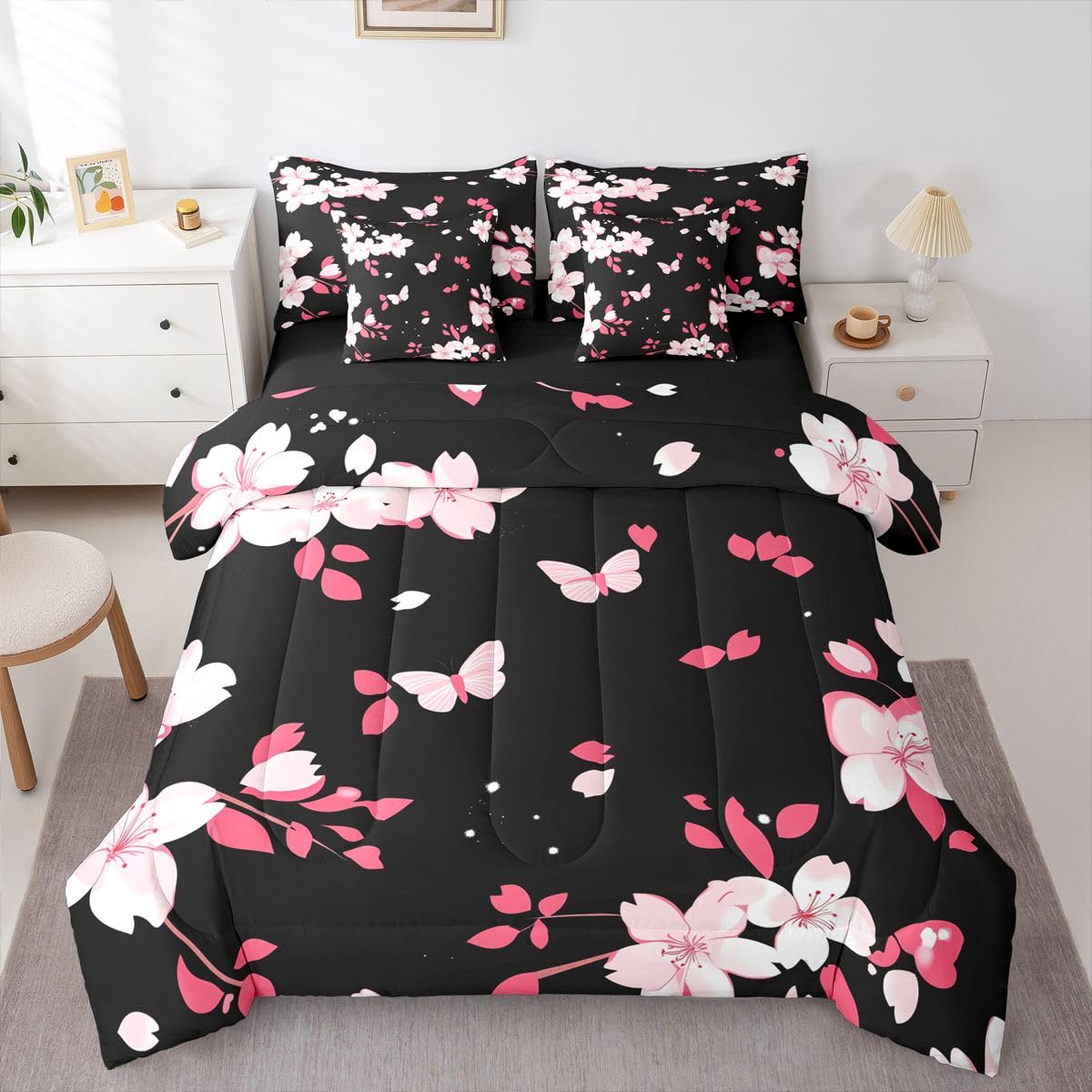 Erosebridal Cherry Blossom 7 Piece Bedding Set Queen Size Butterfly Bed in A Bag Japanese Spring Comforter with Sheets Japanese Style Romantic Theme Pink Bed Sets