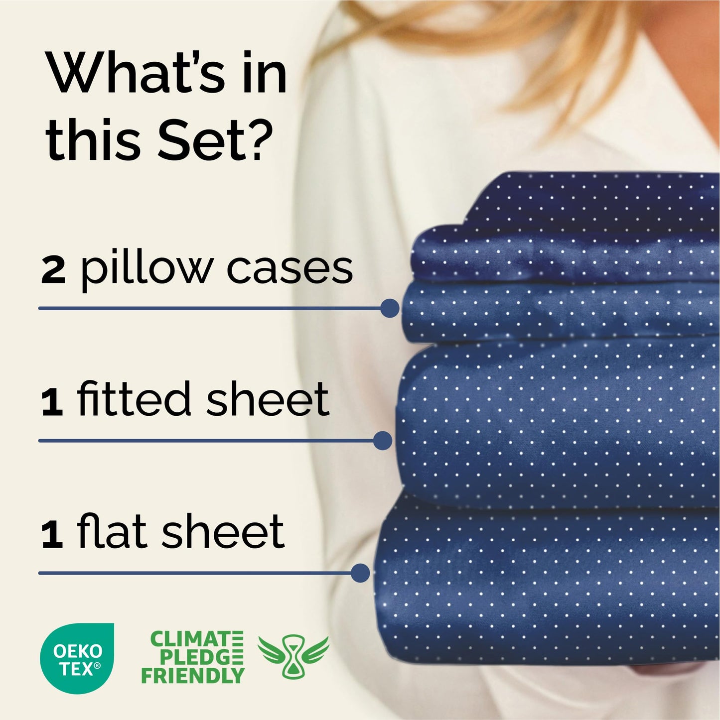 Navy Blue Polka Dots Bed Sheet Set – 1 Flat & 1 Fitted Sheet & 2 Pillowcases w/ Deep Pockets – Polka Dot Bedding - Ultra-Soft, Wrinkle & Fade Resistant - Comfy, Breathable & Cooling - Queen Size Set