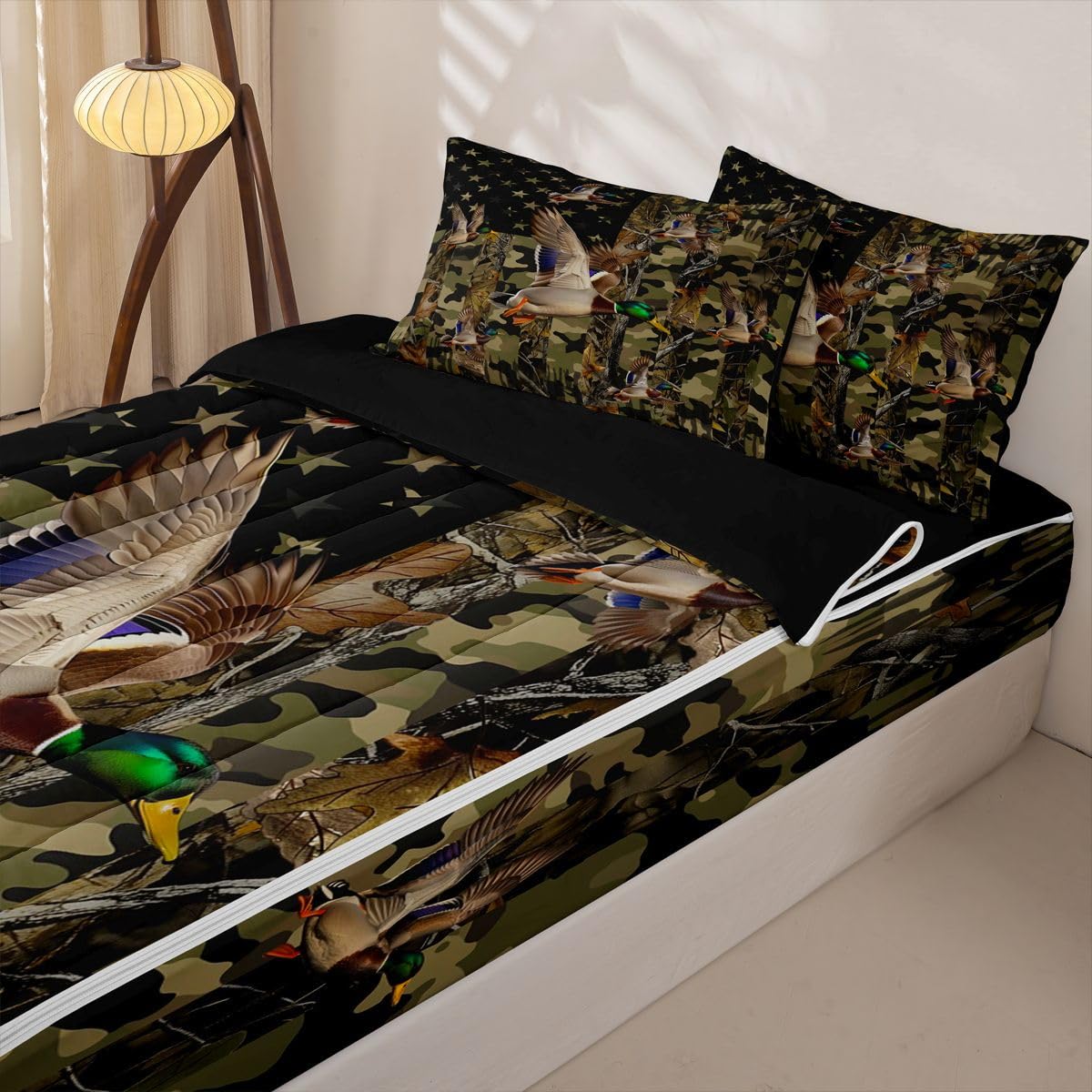 jejeloiu Mallard Duck Hunting Camo Zipper Bedding Sets for Kids Boys Girls Rustic Western Duck Twin Comforter Set with Fitted Sheet American Flag Bedroom Decor Microfiber with 2 Pillow Cases