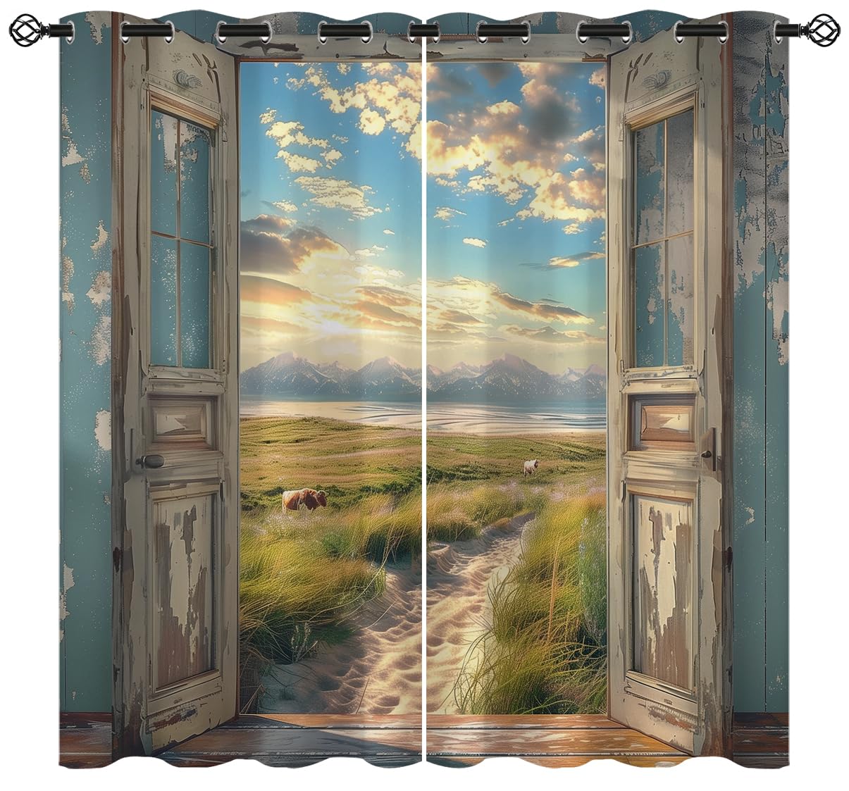 Landscape Blackout Curtains for Girls Boys Home Decor, Cow Sunset Grassland Mountain Natural Scenery Grommet Thermal Insulated Drapes Darkening Window Curtain for Bedroom Living Room, 84 x 84 Inch