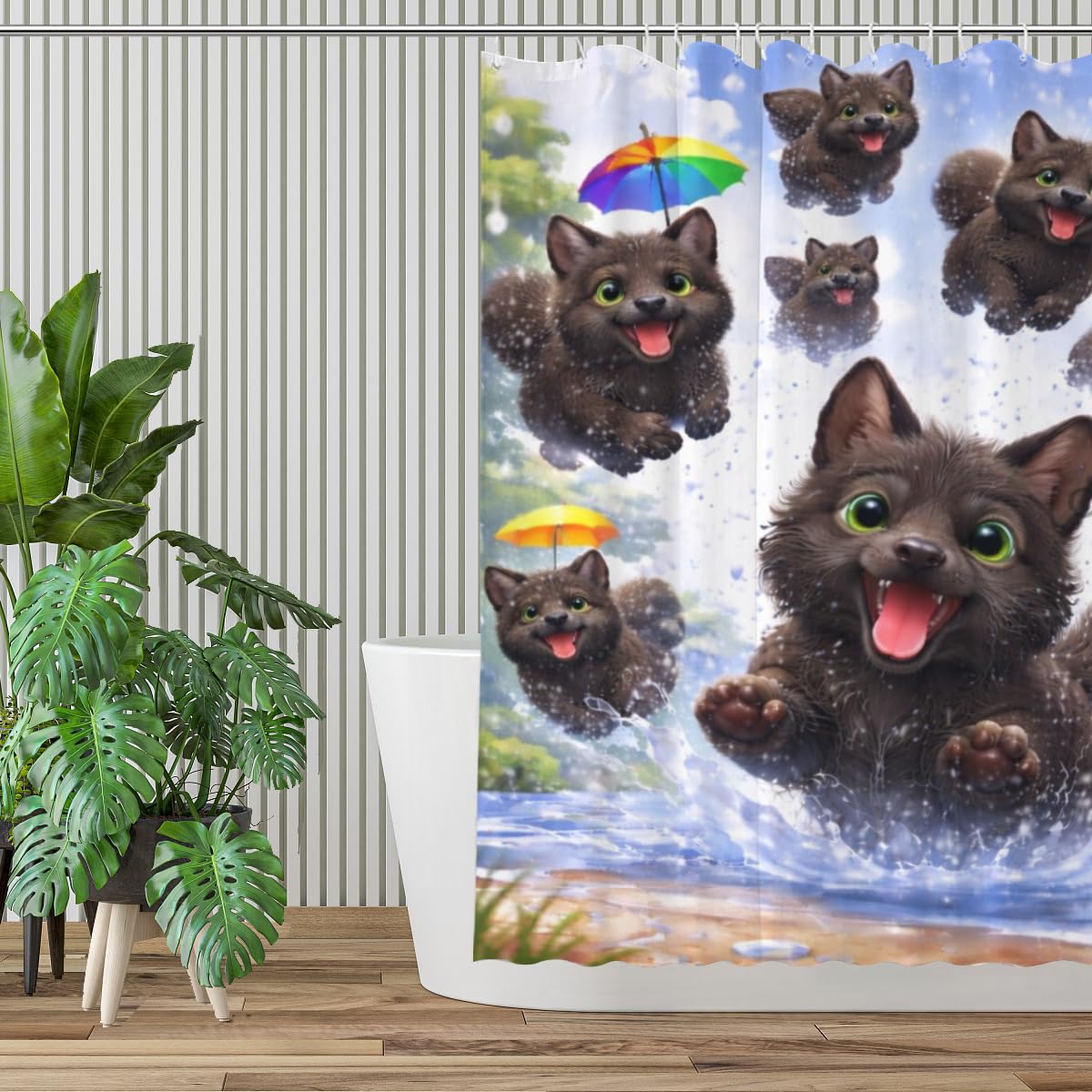 Youtoko Funny Black Cat Bathroom Decor Shower Curtain 72x72 Inch with 12 Hooks Umbrella Water Splash Animal Art Waterproof Washable Polyester