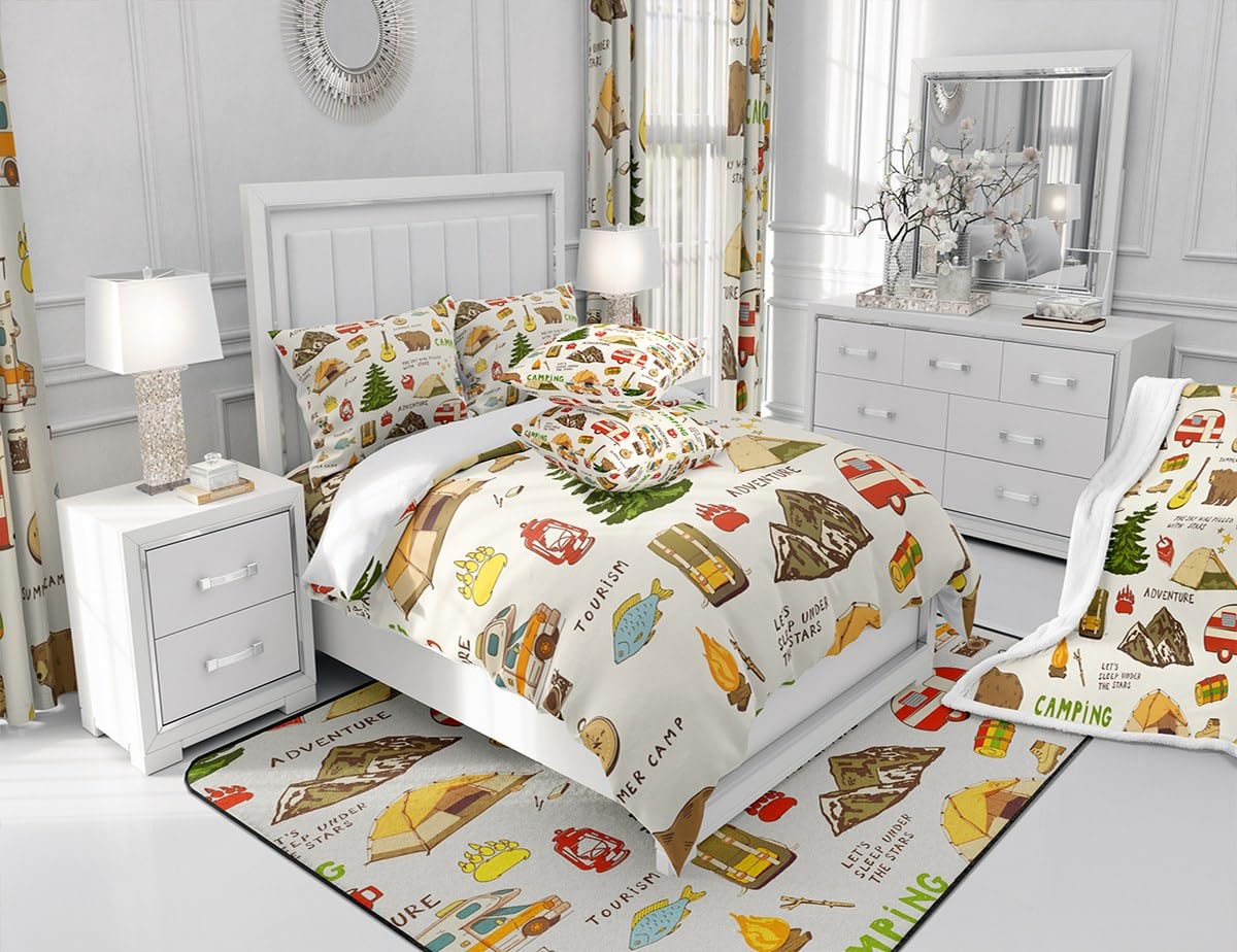 Camping and Adventure Bedding Set King Size,Cartoon Bear Camper Car Duvet Cover Set for Kids Girls Boys Teens Room Decor,Happy Camping Comforter Cover Outdoor Travel Quilt Cover,2 Pillowcases