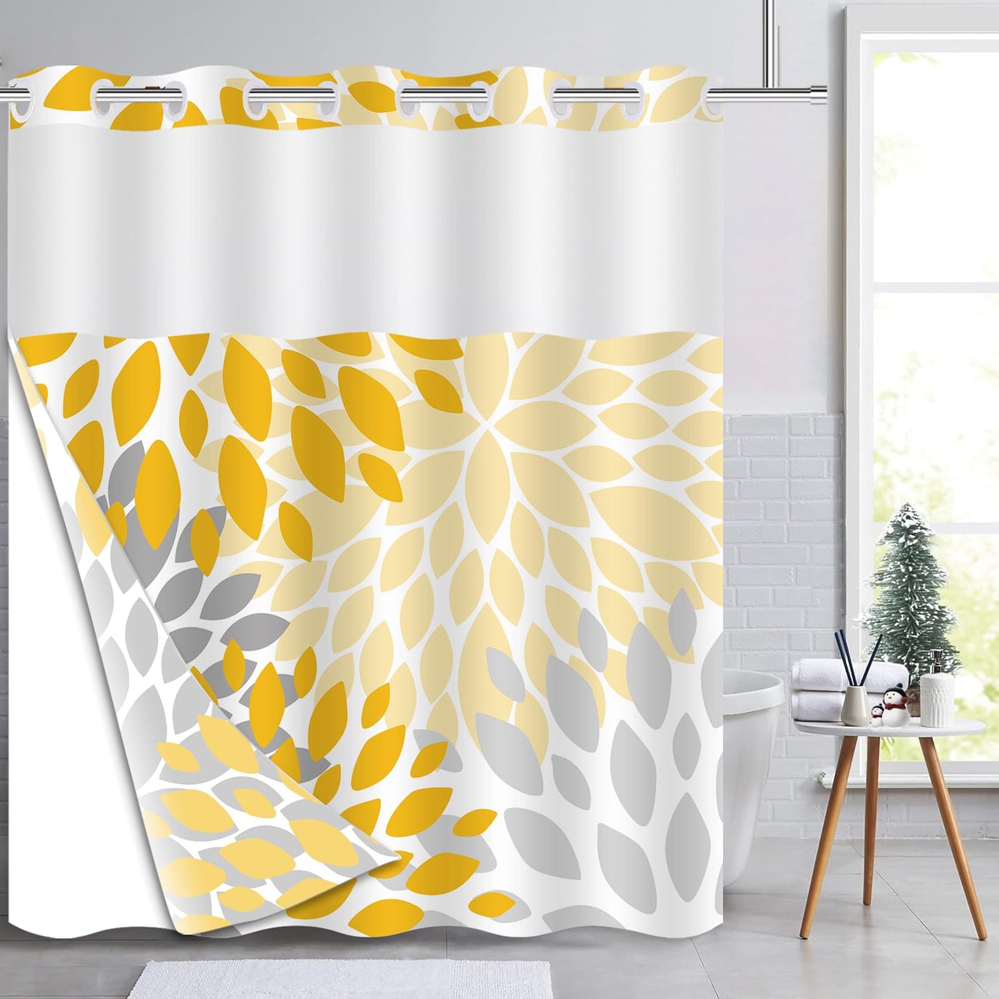 Mowxune No Hook Shower Curtain,Deluxe Yellow Dahlia Floral Shower Curtains for Bathroom,Hotel Style Aesthetic Decor,Gray Petal Pattern,Stylish Floral,with White Removable Liner,71x74 inches