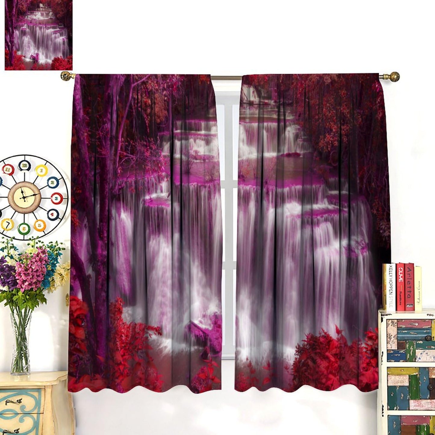 Waterfall Curtains，Spring Nature Theme Pink Red Floral Forest Landscape Scenery Pattern Waterproof Fabric Rod Pocket Window Drapes for Bedroom Living Room Set 2 Panels,42x45 Inches